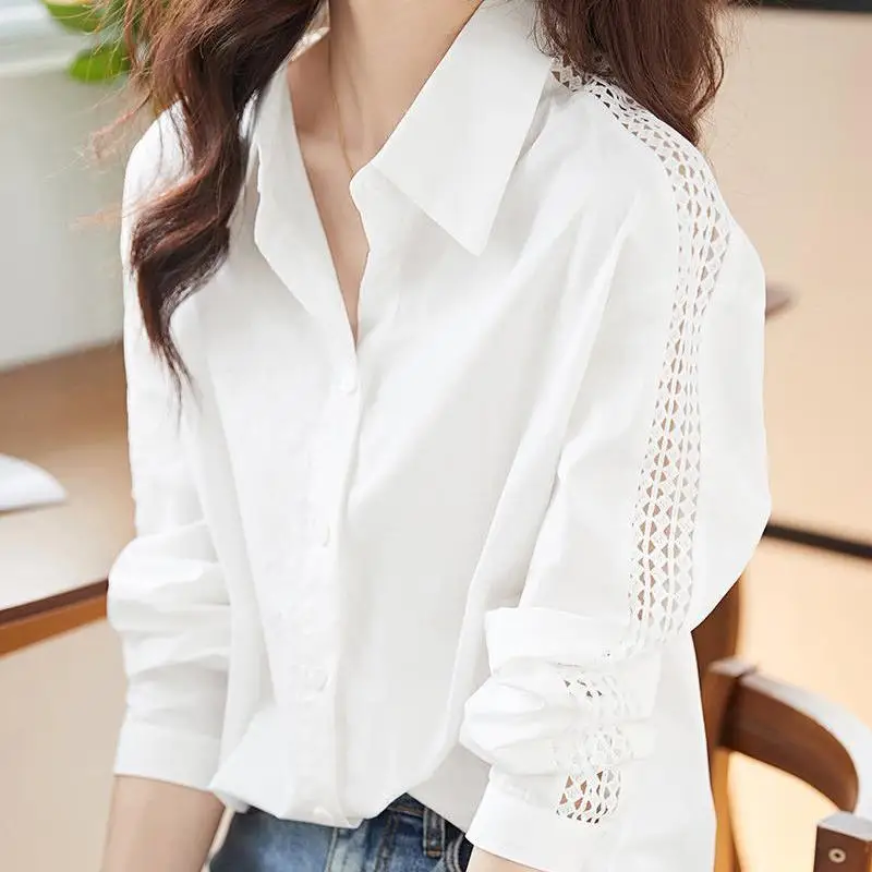 

2024 Spring and Autumn New Simple and Elegant Loose Shirt with Hollow Sleeve Texture Commuter Women's Long sleeved Shirt