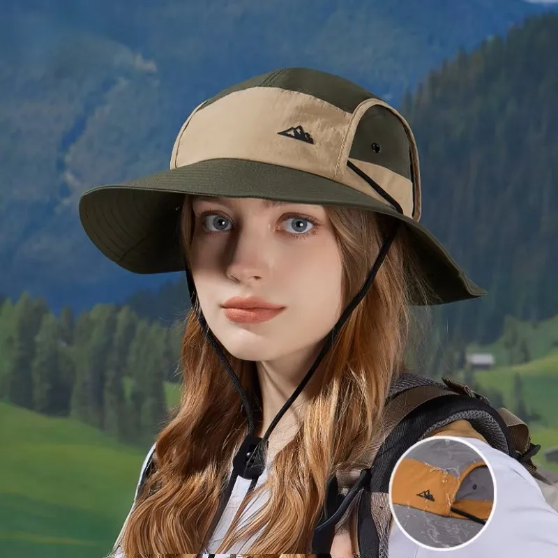 Unisex Outdoor Sun Hat UPF50+ UV Protection Wide Brim Bucket Hat Adjustable Chin Strap Quick Dry Breathable Hiking Fishing Cap
