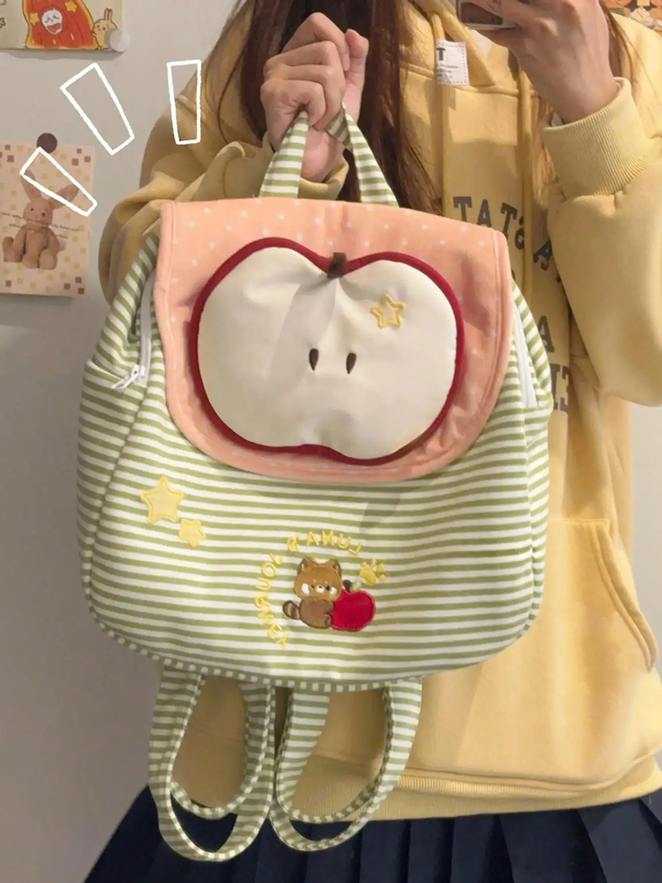 

New Green Striped Backpack, Sweet Girlish Style Red Apple Large Capacity Backpack, Cute Cartoon Student Backpack, Ladies Shopping Casual Backpack, Travel And Vacation Fashionable Small Backpack, Birthday Gift., School Backp