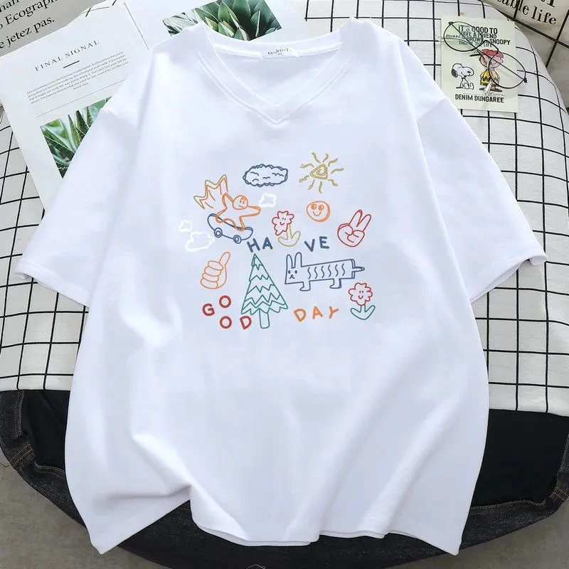 Plus rozmiar 6XL 150KG kobiety Cartoon T koszula z krótkim rękawem V Neck panie Streetwear duża koszulka Top kobiet Kawaii t-shirt