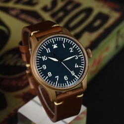 Hruodland Retro Solid Bronze Pilot orologi da uomo vetro zaffiro PT5000 orologi da polso meccanici automatici blu neri