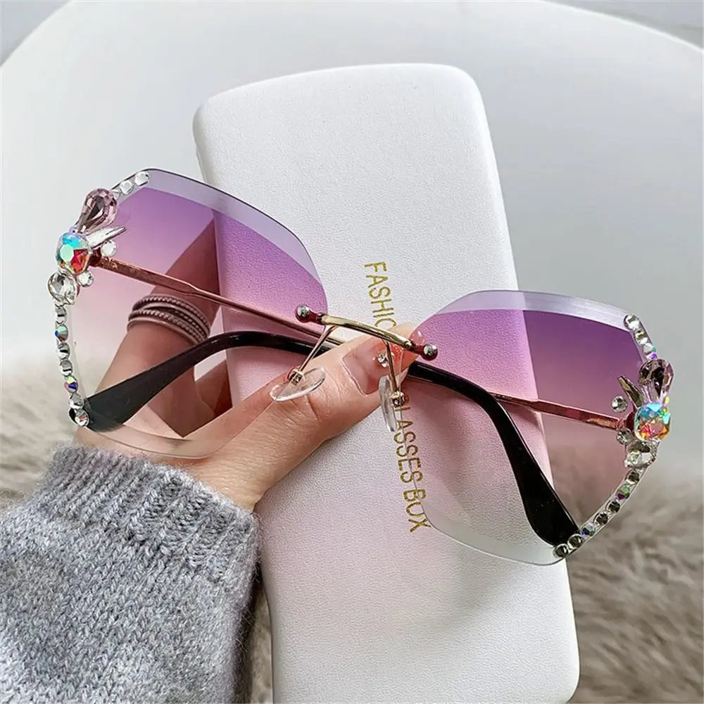 UV Protection Rimless Rhinestone Sunglasses Beach/Travel/Streetwear Shiny Cutting Lens Sun Glasses Gradient Shades for Women