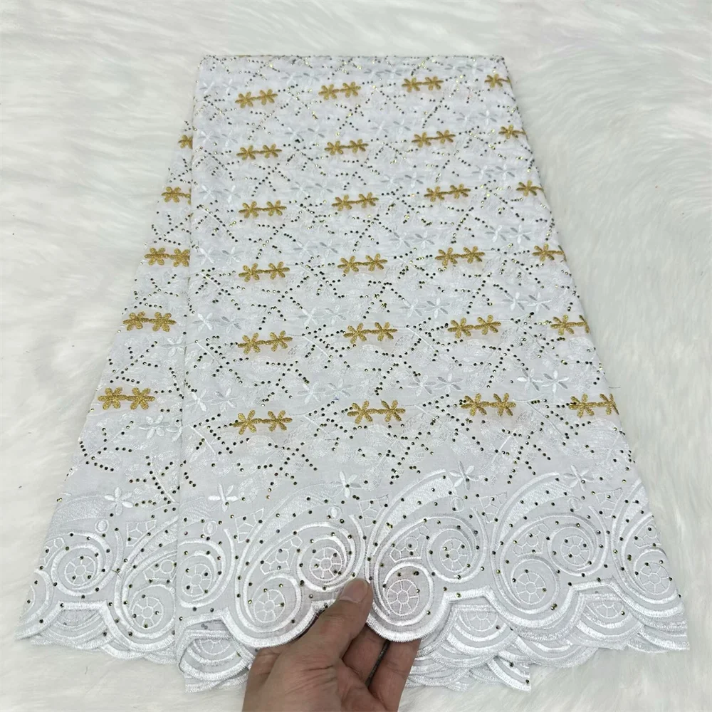 

5yards African Cotton Embroidery Dry Lace 2024 High Quality Swiss Voile Lace with Stones for Women Wedding Party Dresses