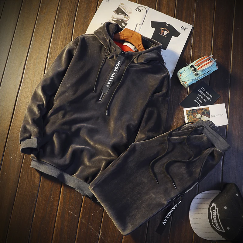 Winter Warm Mannen Fluwelen Pak Winter Nieuwe Goud Fluwelen Set Twee Stuk Trainingspak
