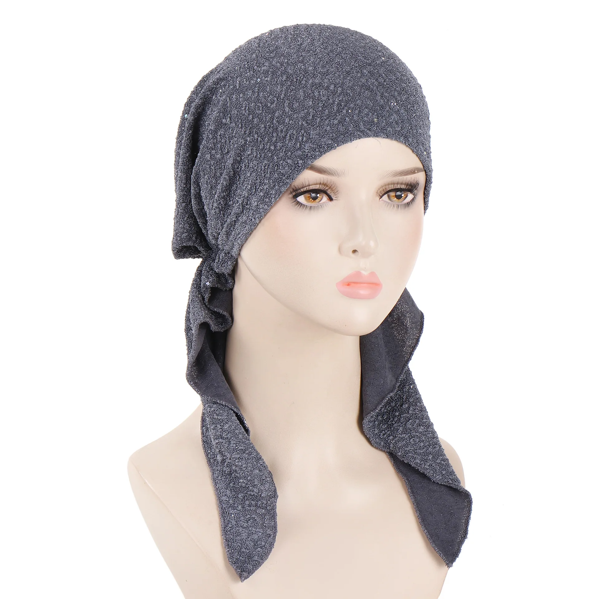 Neue Schimmer Vorgebundene Hut Frauen Muslimischen Hijab Turban Lange Schwanz Kopftuch Mützen Motorhaube Haarausfall Chemo Kappe Kopf Wrap bandanas