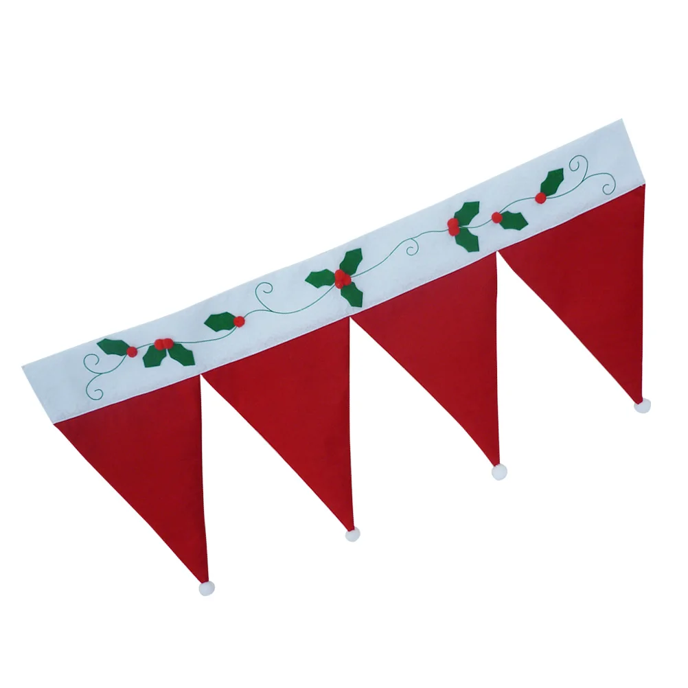 

Christmas Curtains Santa Hat Valance Door Window Background Holiday Decor Trimmed Pom Poms Appliques Embroidery Cloth Fabric