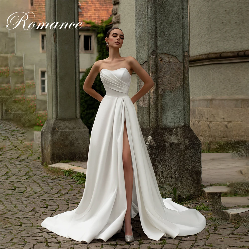 

Современное плиссированное свадебное платье А-силуэта с вырезом-лодочкой, высоким боковым разрезом, без рукавов, с открытой спиной, на заказ