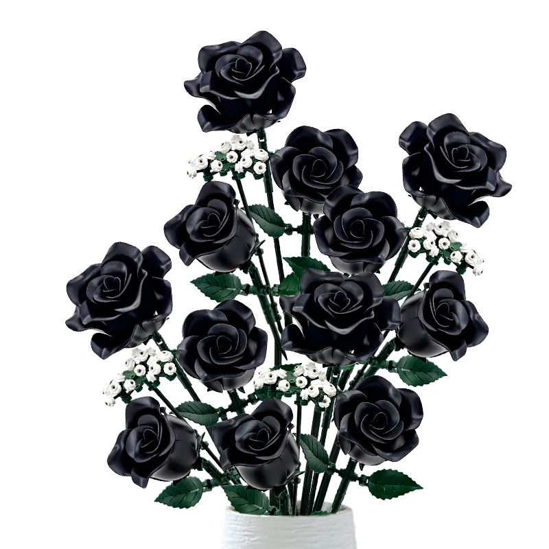 15 zwarte roos bouwboeket, gotische esthetische kamerdecoratie, creatief doe-het-zelf cadeau voor volwassenen en tieners, eeuwige kunstbloemset