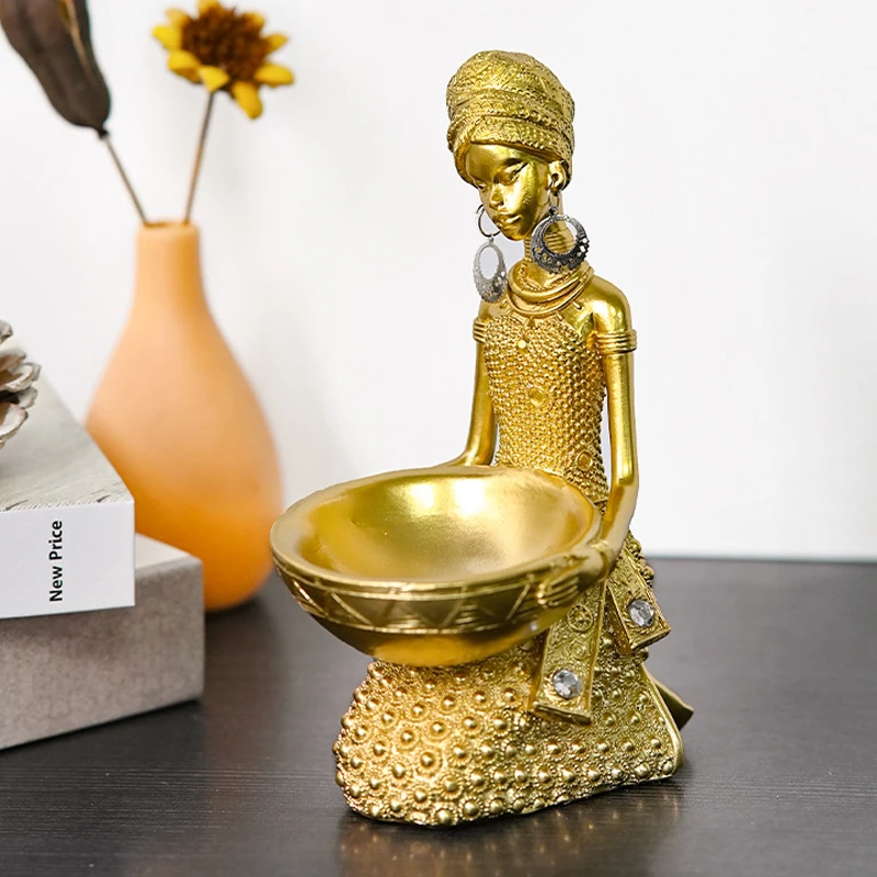 Creative Golden African Women's Statues Storage Ornament, Resin Craft Home Office Wine Cabinet Study Living Room Decoration, 1Pc