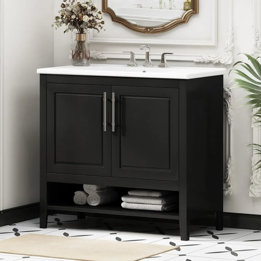 36 Inch Bathroom Vanities with Undermount Ceramic Sink Two Pull in/Out Drawers,  Solid Wood Frame & MDF Board, Black