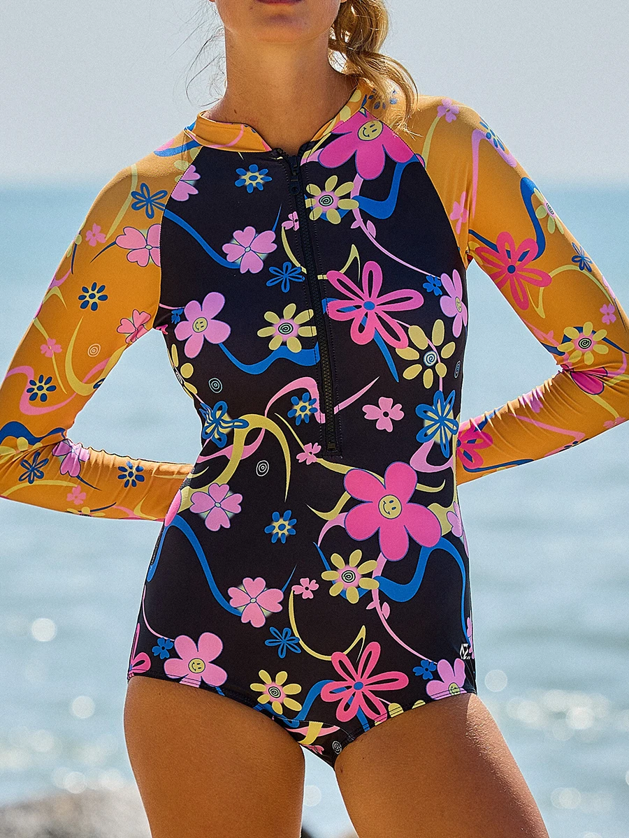 

2026 Long Sleeve Rush Guard One Piece Swimsuit Floral Swimwear Women Bathers Bathing Swimming Swim Suit Female 3XL