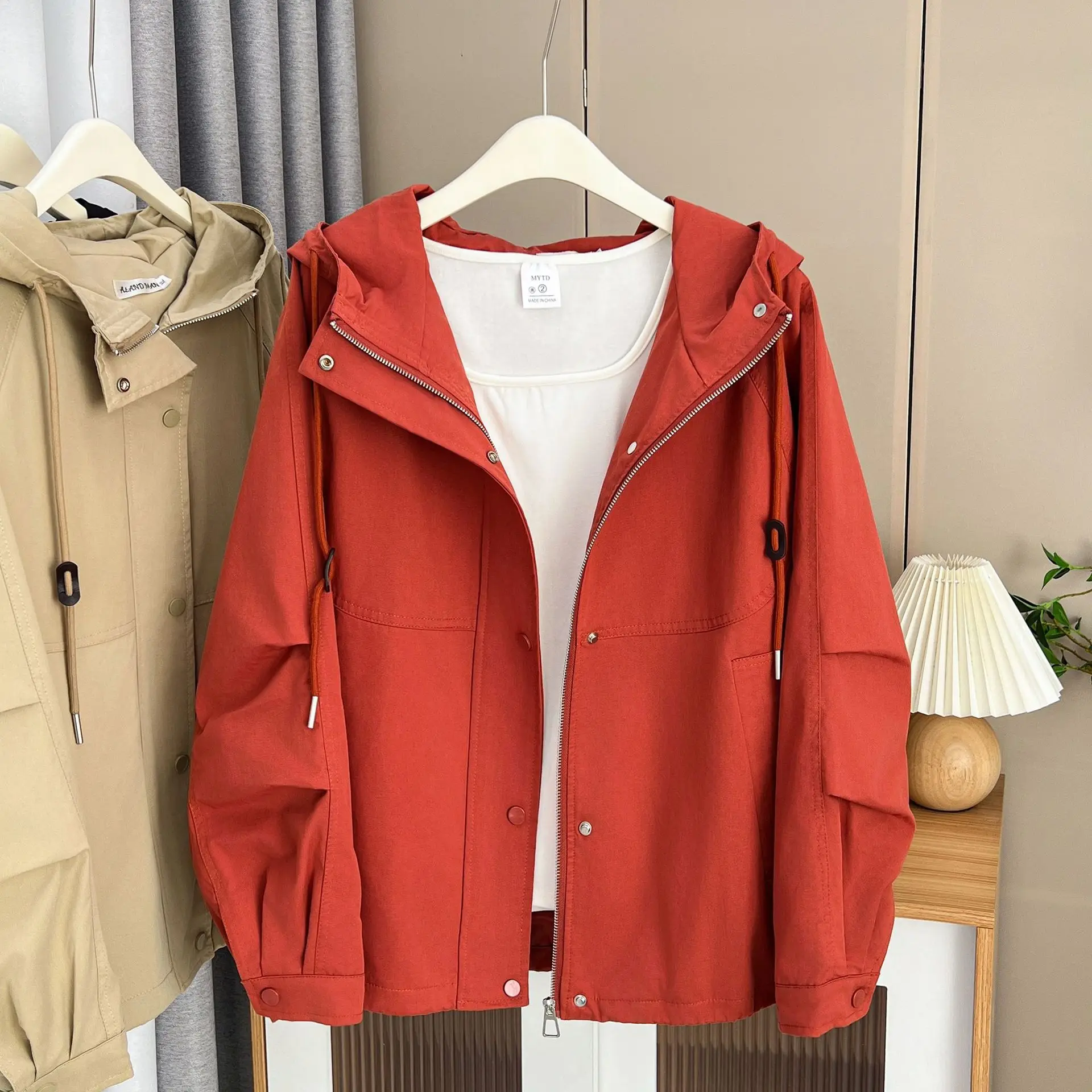 Washed Cotton Solid Color Zipper Hooded Jacket Womens Plus Size Autumn 2023 Casual Clothing Fashion Outwear Curve Coats F21 6821