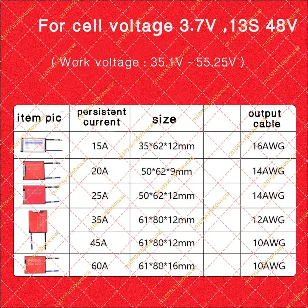 13S 48V 15A 20A 30A 40A 50A 60A Lithium Battery Polymer Battery Protection Board BMS Waterproof Protection Board with Balance