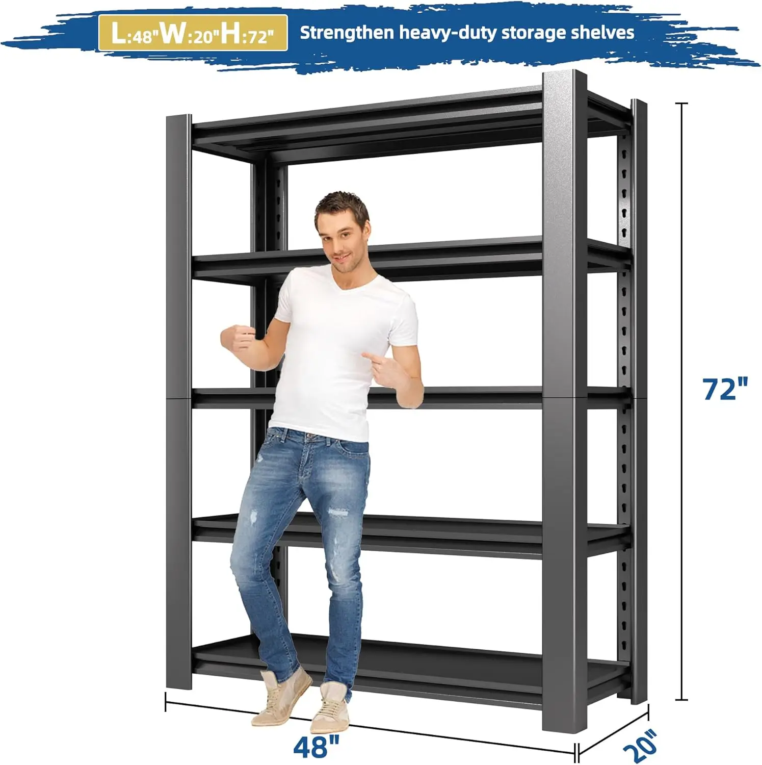 Estante de garagem resistente de 72" H, rack de armazenamento de metal ajustável de 48" W, prateleiras de metal de 5 camadas, estantes industriais de 20" D