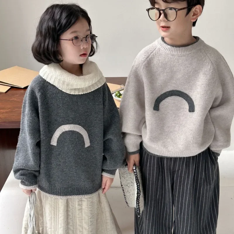 Kids sweater 2024 Winter Boys and girls thicken warm O-Neck knit pullover Unisex Chidlren soft loose knitwear Tops