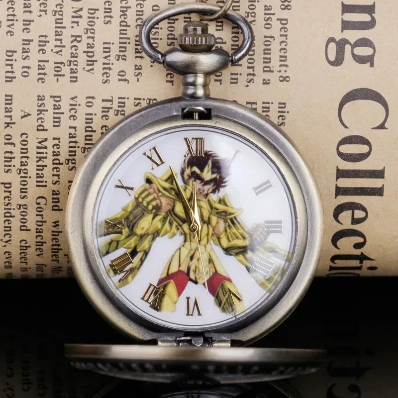 الكلاسيكية الكرتون أنيمي الذهب سانت خمر الإبداعية الجوف ساعة جيب كوارتز مع سلسلة قلادة سلسلة الرجال الأطفال