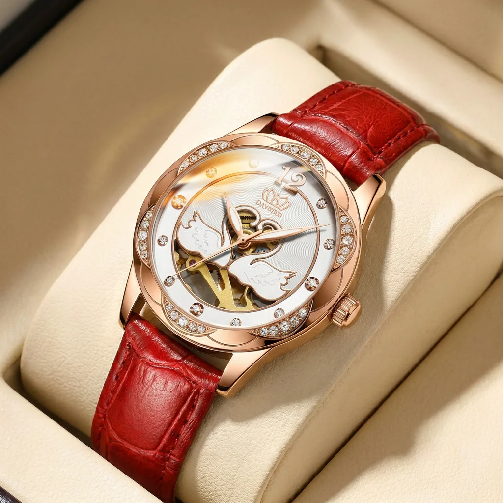 1pcs Women's white dial leather strap vintage fashion skeleton gear luxury details Mechanical Watch for business party holiday