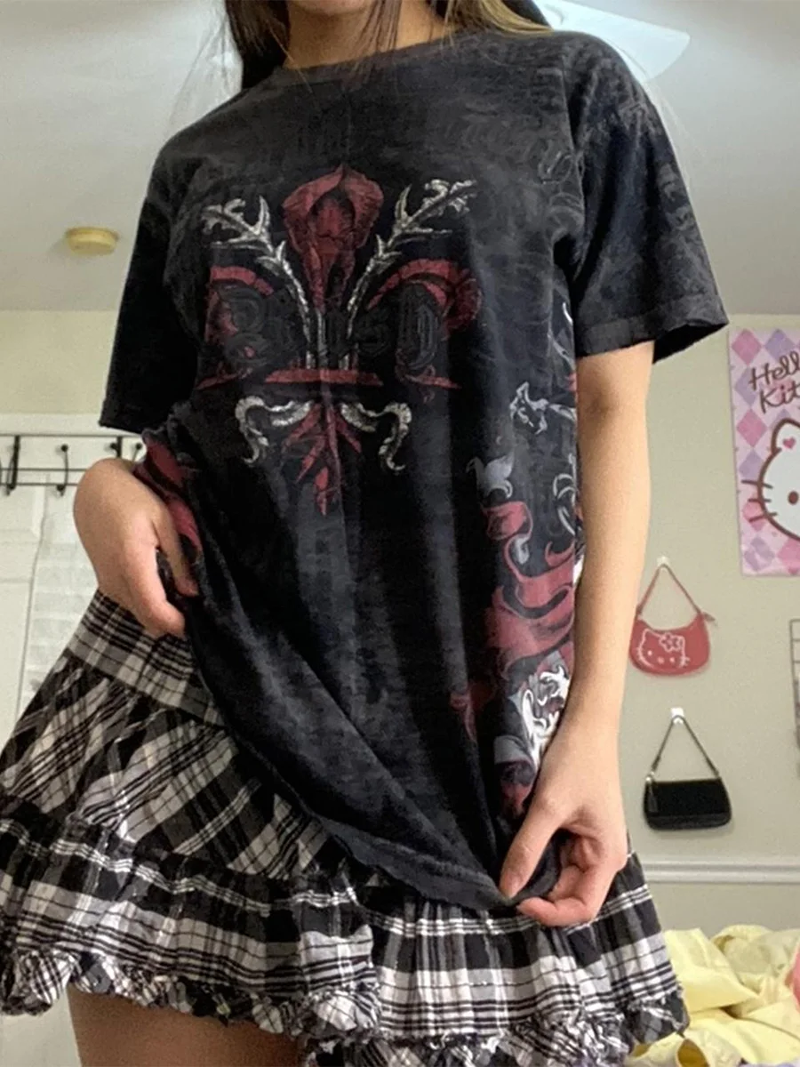 Vintage y2k Graphic Print Skull CropTop Tshirts Chic Aesthetic 2000s Summer Grunge Clothes Streetwear