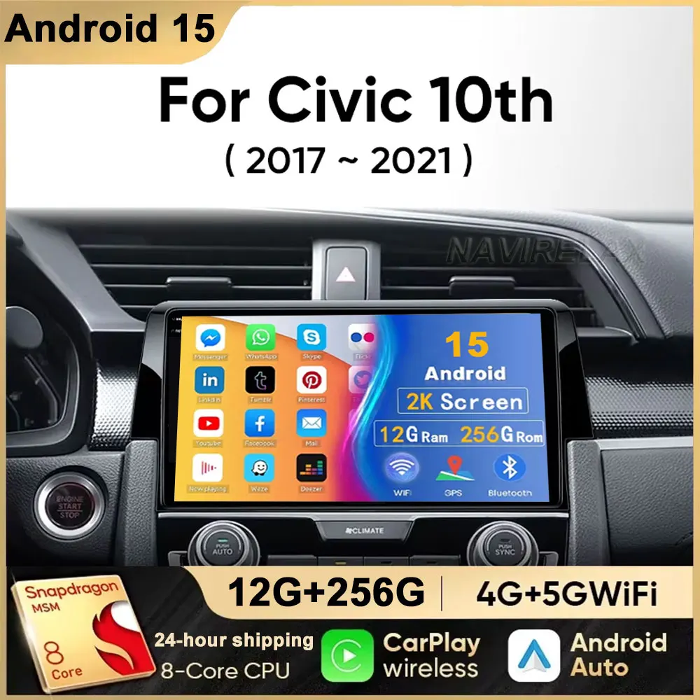 

For Honda Civic 10th 2016 2017 2018 2019 2020 Android 15 Car Radio Stereo Multimedia Video Player GPS Wireless Carplay Head Unit