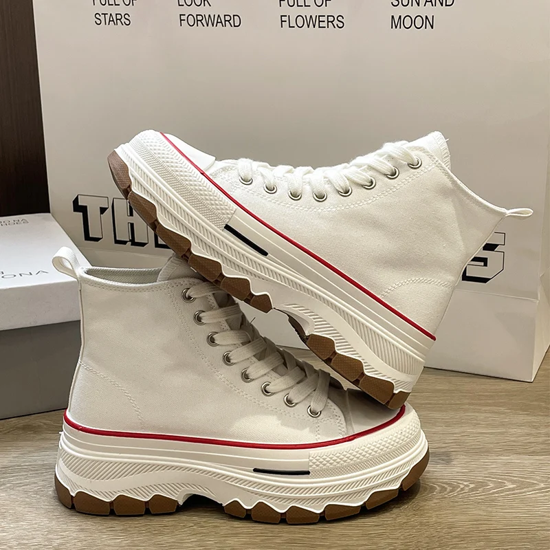 Sapatos de lona de fundo grosso alto para mulheres, tênis femininos ao ar livre, novo design