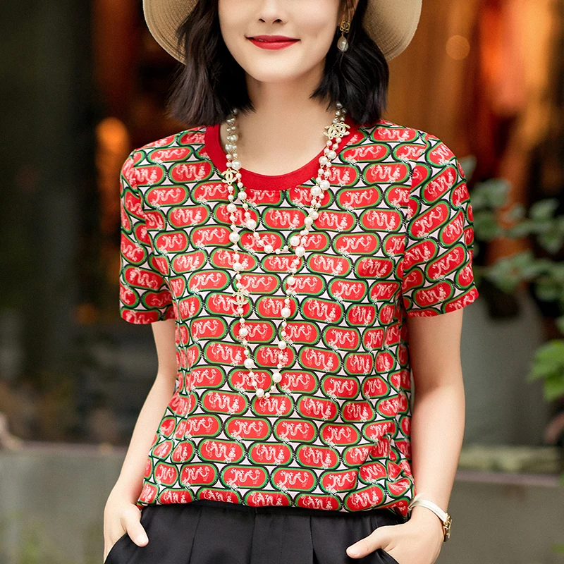 

100% Real Silk Women's Print Blouse 2024 Summer Elegant Shirts Blouses For Women Fashion Tops Short Sleeve Woman Casual Shirt