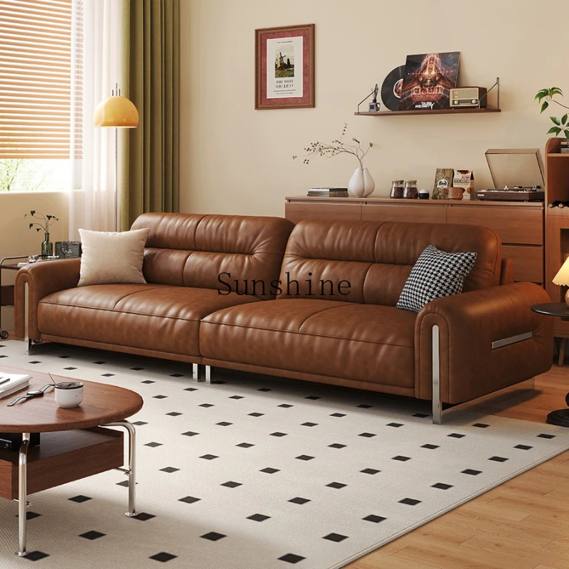 

Modern simple living room French retro oil wax leather straight row three-person sofa