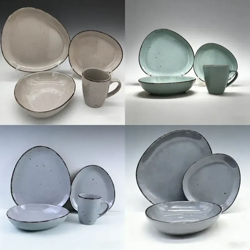 for Teardrop Shaped Ceramic Bowls Plates Cups Tableware Sets with Spots Solid Color for Home Dining Wholesale Stock
