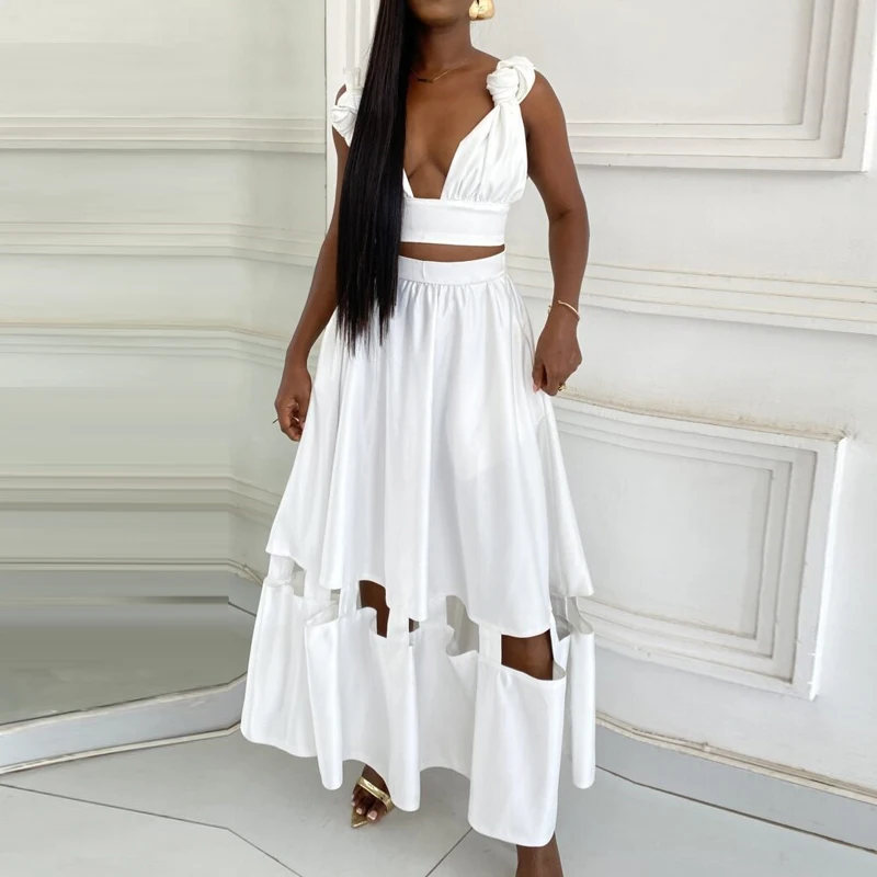 Fashion Temperament High Street Set Elegant Solid Color Party Set Summer Sleeveless Deep V Crop Tops+High Waist Hollow Skirt Set