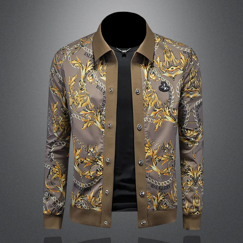 Spring Gold Flower Print Bomber Jacket Men Royal Men Casual Coats Windbreaker Clothes Streetwear Social Mens High Quality Jacket