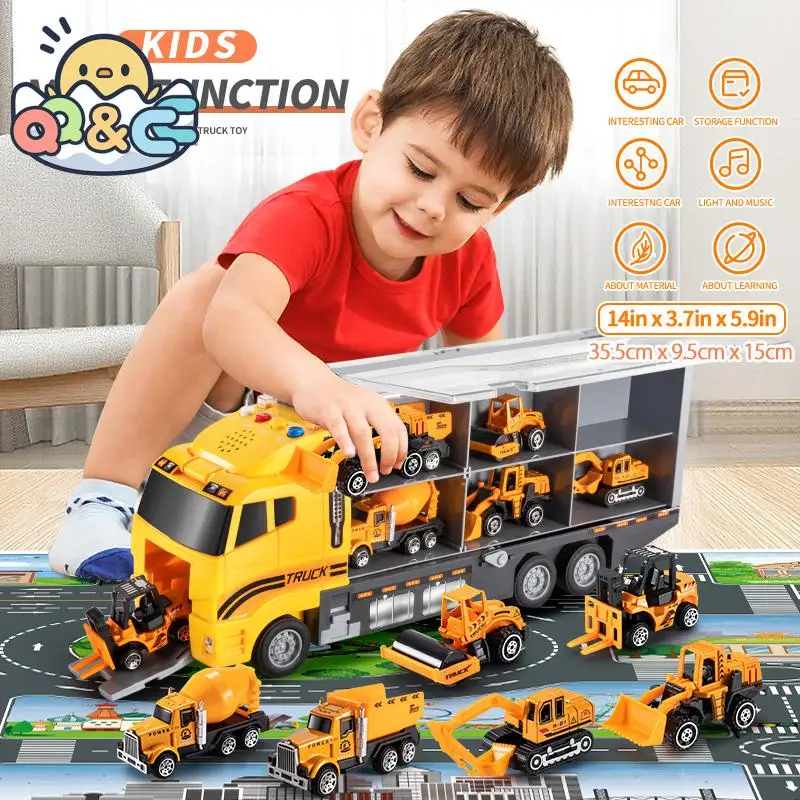 Alloy Car Model Kids Toy Big Container Transporter Set with 6Pcs Mini Engineering Vehicle Fire Truck Racing Car Chilren Gifts