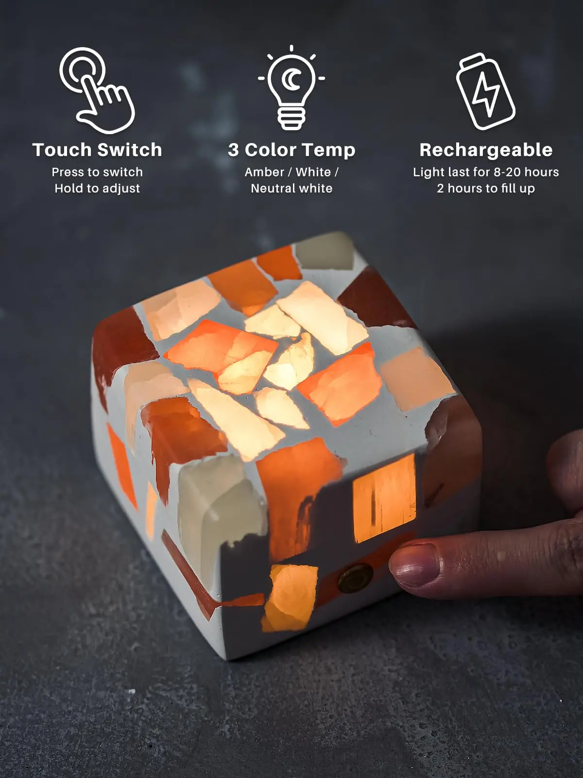 Handcrafted Night Light - Broken Light·Sugar,Random Stone Pattern,USB Rechargeable LED Lamp with 3-Color Temperature, Touch