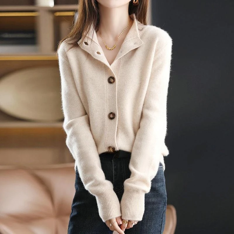 2022 Autumn Winter New Fashion Vintage Caramel Open Stitch Sweater Korean Style Turn Down Collar Casual Elegant Shirt for Female