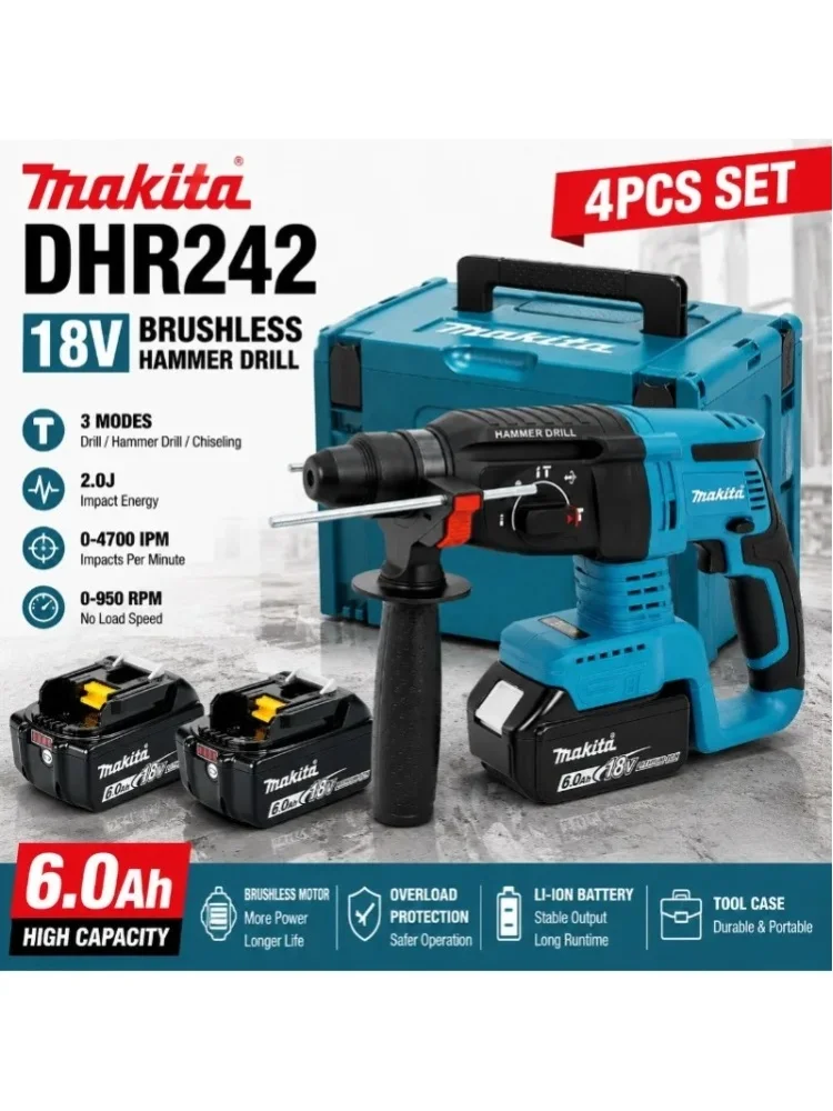 18V Bürstenloser Makita DHR242 Bohrhammer, Original Akku-Bohrhammer, 24mm Betonmax. Bohrleistung, 4700 IPM, 3-Modus-Steuerung für professionelle Bauarbeiten mit 18V 6Ah Akku