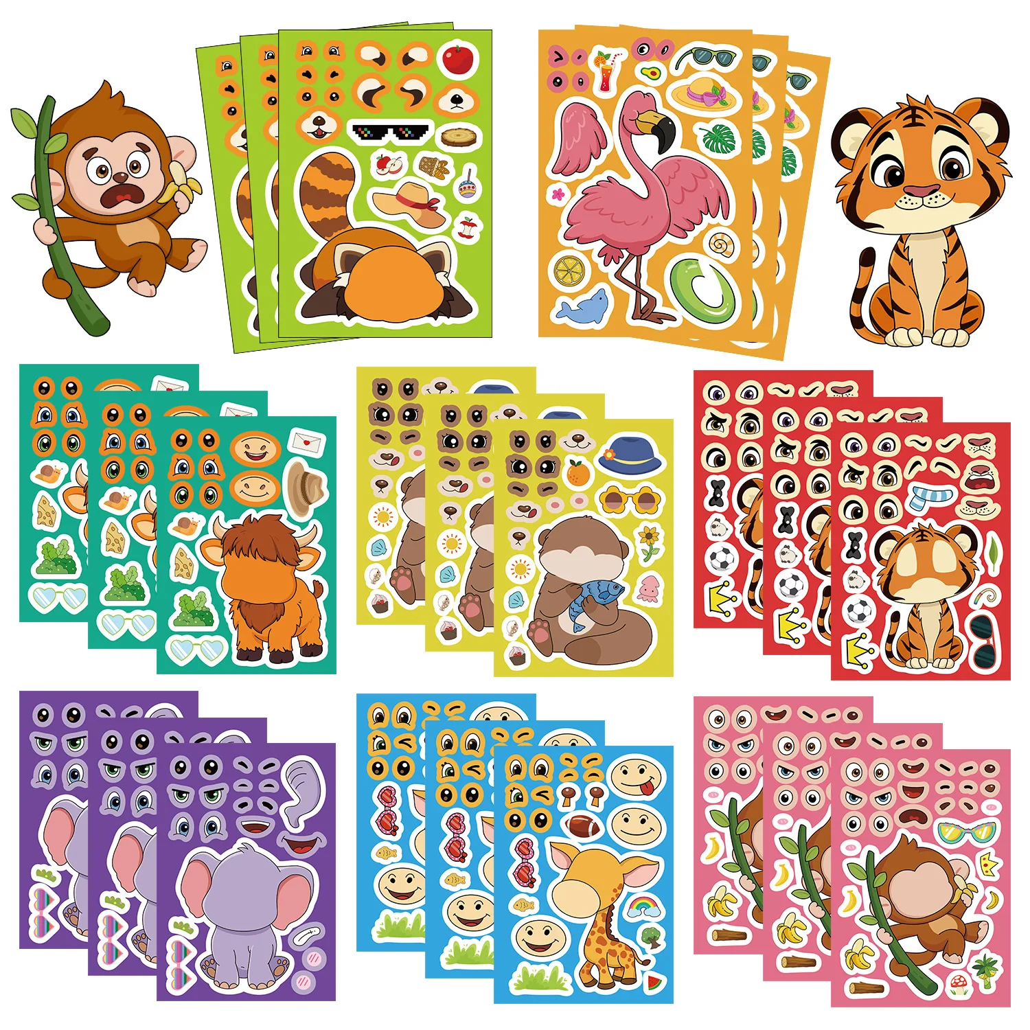 

8/16Sheets Cute Animal Make a Face Puzzle Stickers Monkey Tiger Cartoon Decal Notebook Phone Cup Skateboard Waterproof Sticker