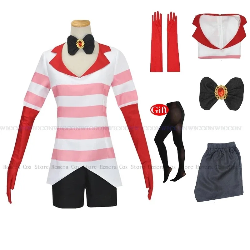 

qq023Anime Hazbin Angel Dust Hotel AD Sexy Dress Red White Stripes Costume Uniform Socks Halloween Party Cosplay