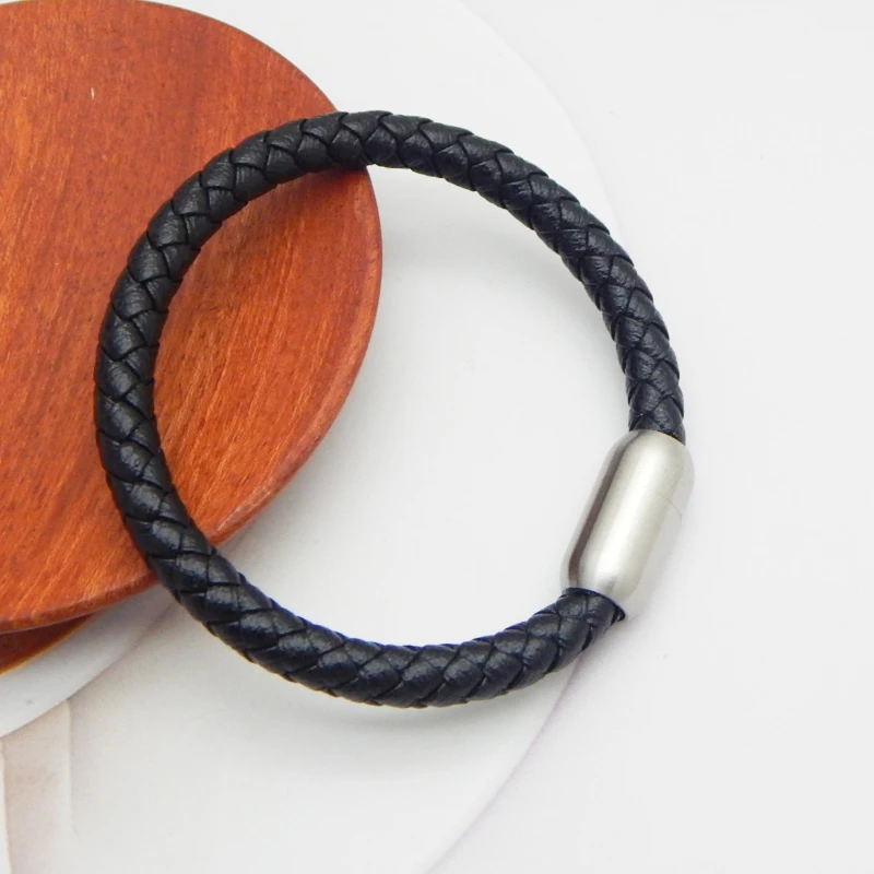 3mm 4mm 6mm Men's Genuine Leather Braid Rope Bracelet Stainless Steel Magnet Button Clasp Bangle Women Men Wristbands Jewelry