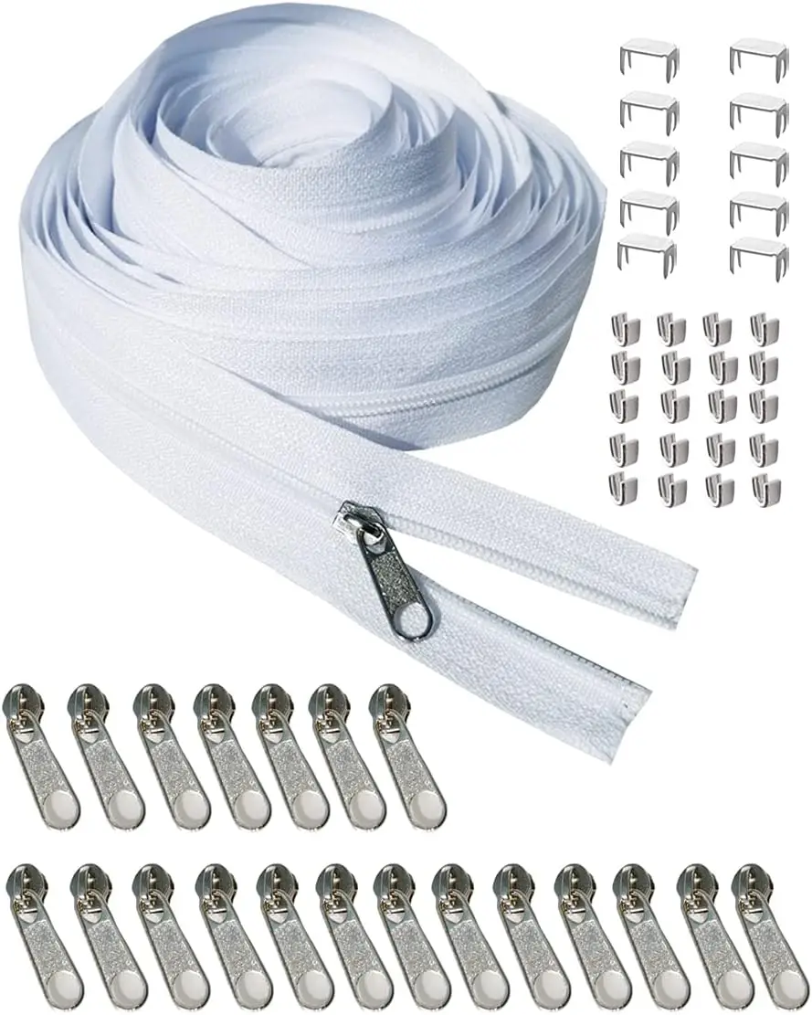 

White Nylon Coil Zipper by the Yard #3 10 Yards Continuous with 20 Sliders and 30 Stops for Upholstery Sewing