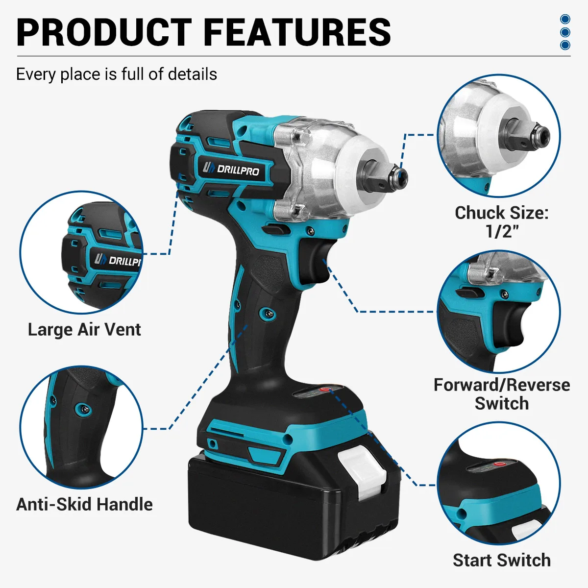 Imagem -02 - Drillpro Brushless Chave de Impacto Elétrica Chave de Fenda sem Fio Ferramentas Elétricas para Bateria Makita Pinça 13 mm 520 nm 2