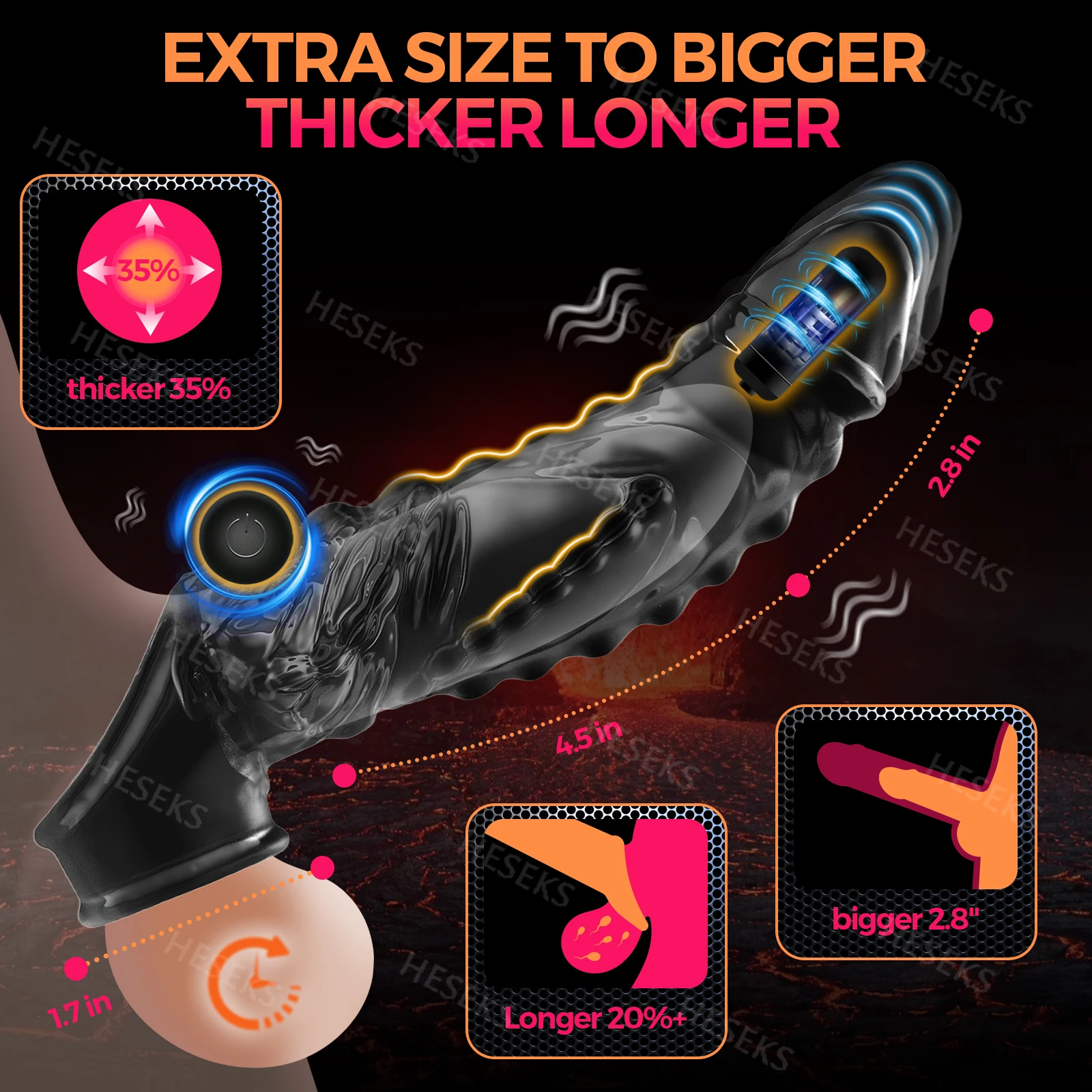 HESEKS Vibrator Ring Clear Cock Ring Extender Reusable Penis Sleeve Ultra-Soft Enlarger for Couples Vibrating Dildo Sex Toys Men