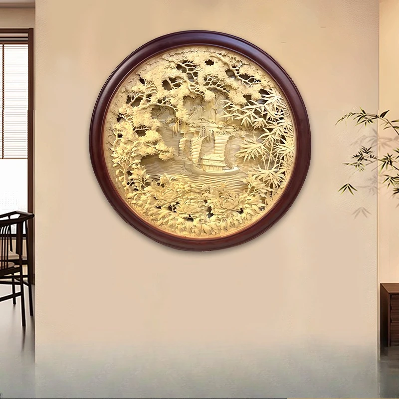 Wood carving pine solid wood pendant, living room entrance decorative painting dining room