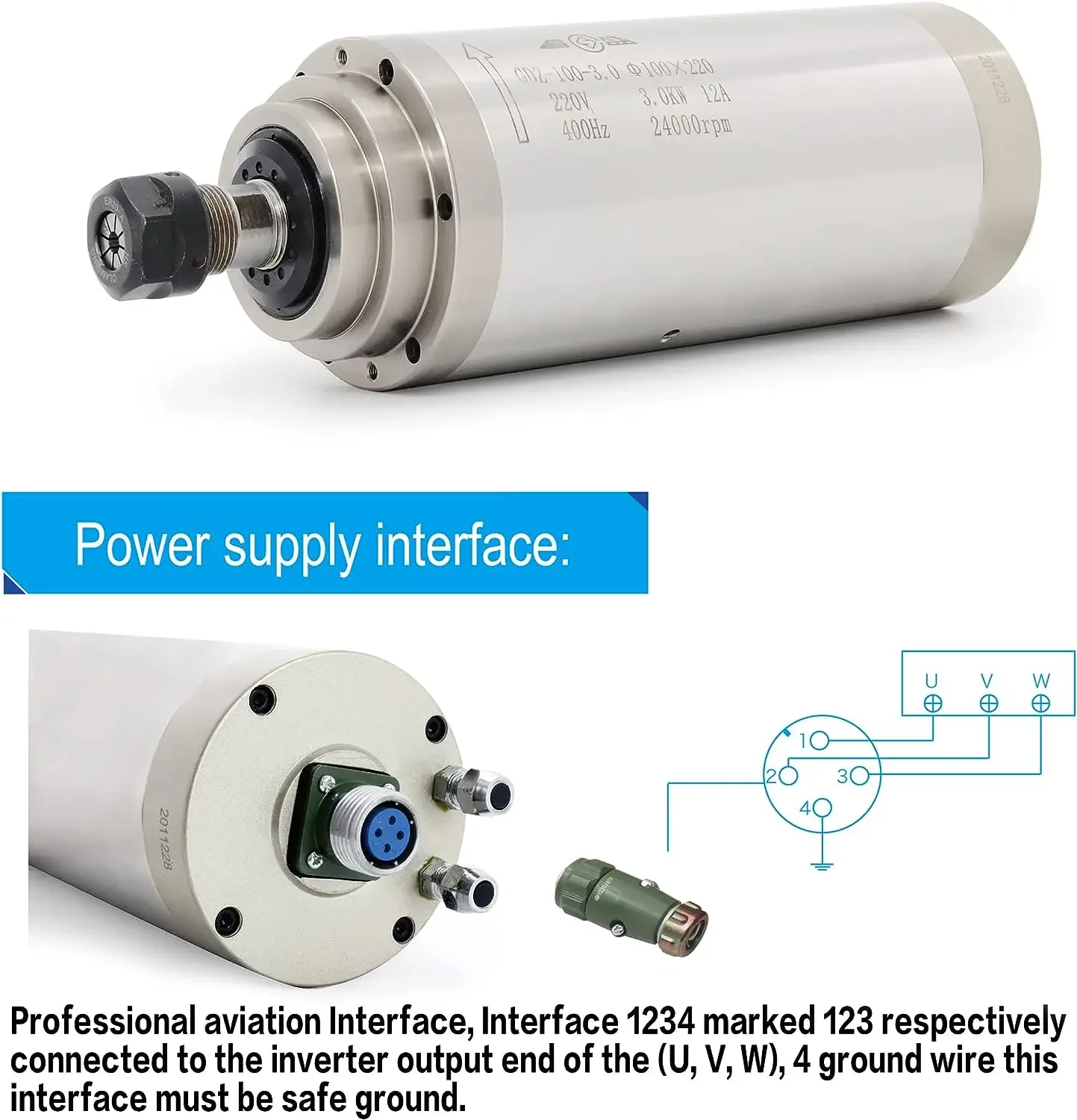 Motor de husillo de refrigeración por agua ER20 de 3kw, 220V, 12A, 24000rpm, inversor de 3KW, soporte de 100mm, bomba de agua de 80W y juego CNC de pinzas