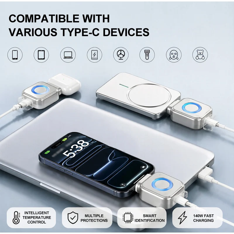 Separador de Carga con Apagado Automático, 140w Tipo-C, Protector de Desconexión de Carga Completa, Control Inteligente de Temperatura, Carga Segura
