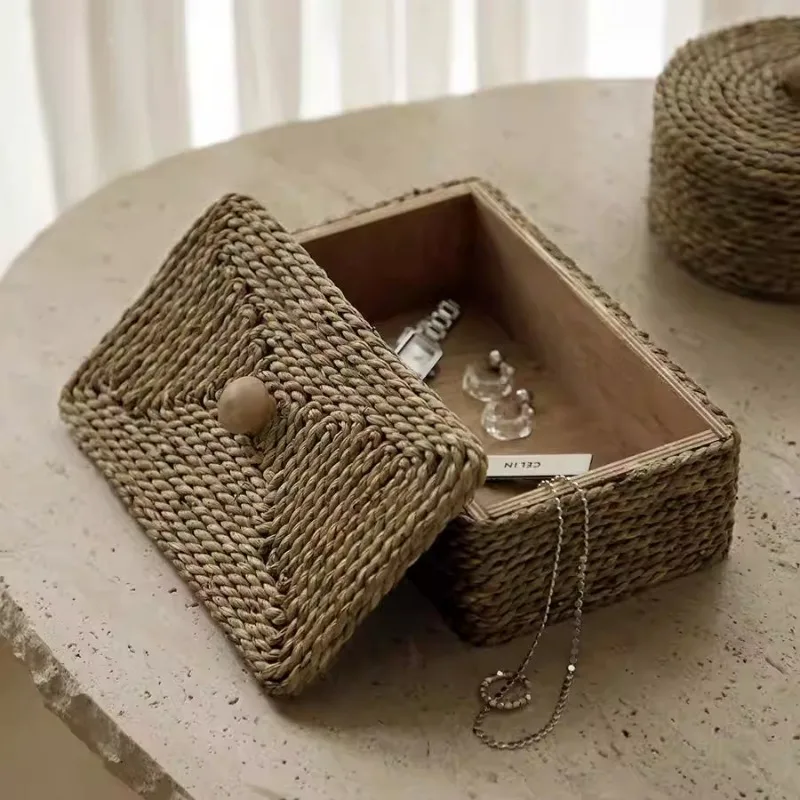 

Винтажный плетеный ящик для хранения Wabi Sabi из ротанга с крышкой, органайзер для украшений, декоративный элемент в стиле бохо для дома, демонстрационный кейс для образцов