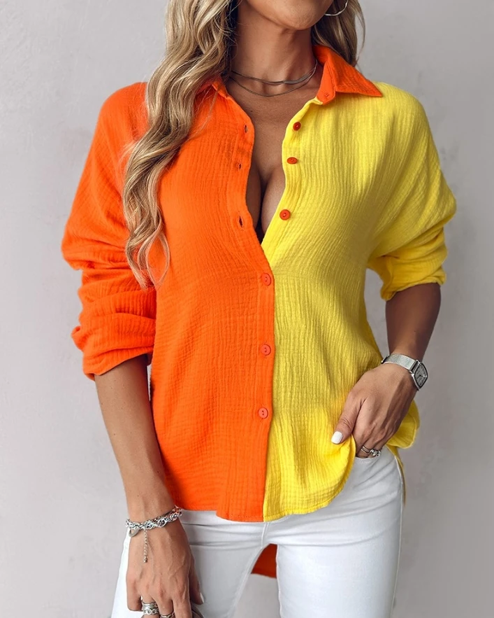 

Women's Shirt 2024 Spring Summer Fall Colorblock Loose Casual Button Down Turn-Down Collar Blouses Tops Elegant Blouses Shirt