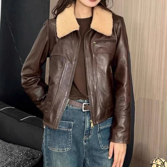 Abrigo de cuero genuino ort para mujer con cuello de piel de cordero curtido de plantas acolchadas de algodón corte ajustado motocicleta Sle Faionable