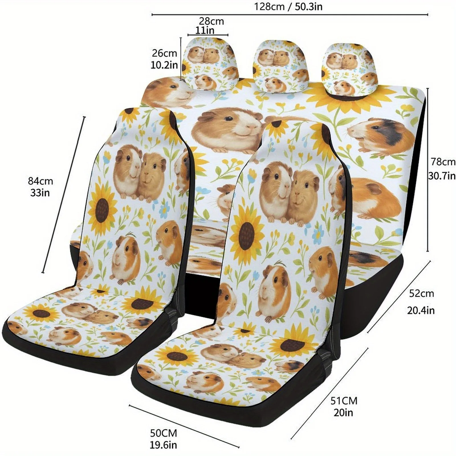 Guinea Pigs And Sunflowers Themed Car Seat Cover Set For Most Cars, Fashionable Novelty Car Seat Protector Covers Full Set, Univ 5