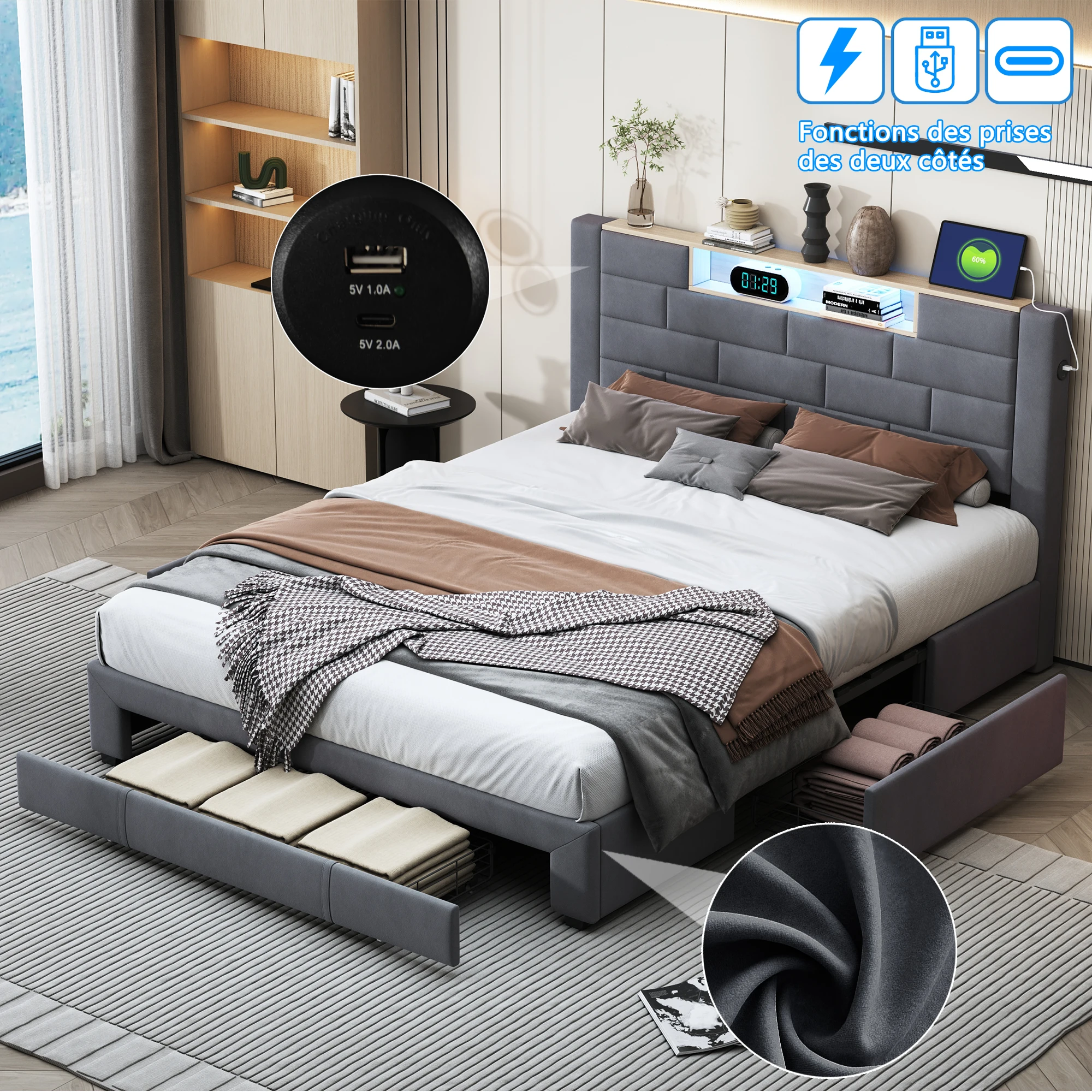 Upholstered Bed 140x200 cm ,LED Double Bed with Slatted Frame,Backrest Bed With USB and 3 Storage Drawers,Headboard ,No mattress