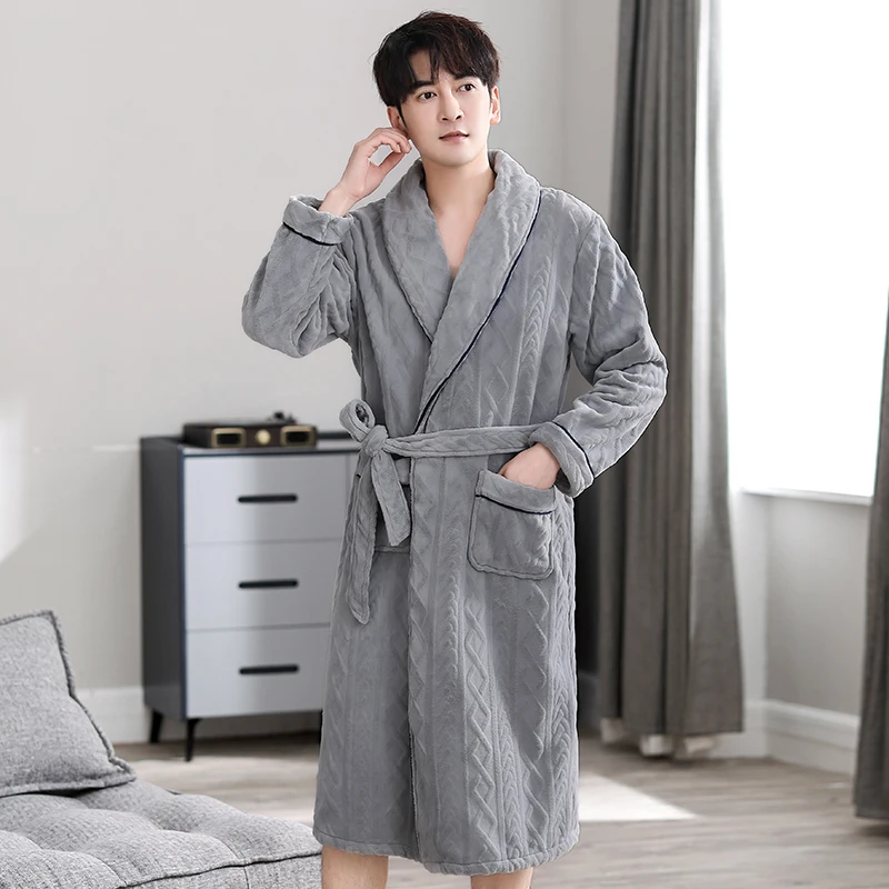 Mens Bathrobe Winter Warm Casual Flannel Robe Sleepwear Long Sleeve Plush Male Bath Robe Lounge Nightgown Homewear Pajamas