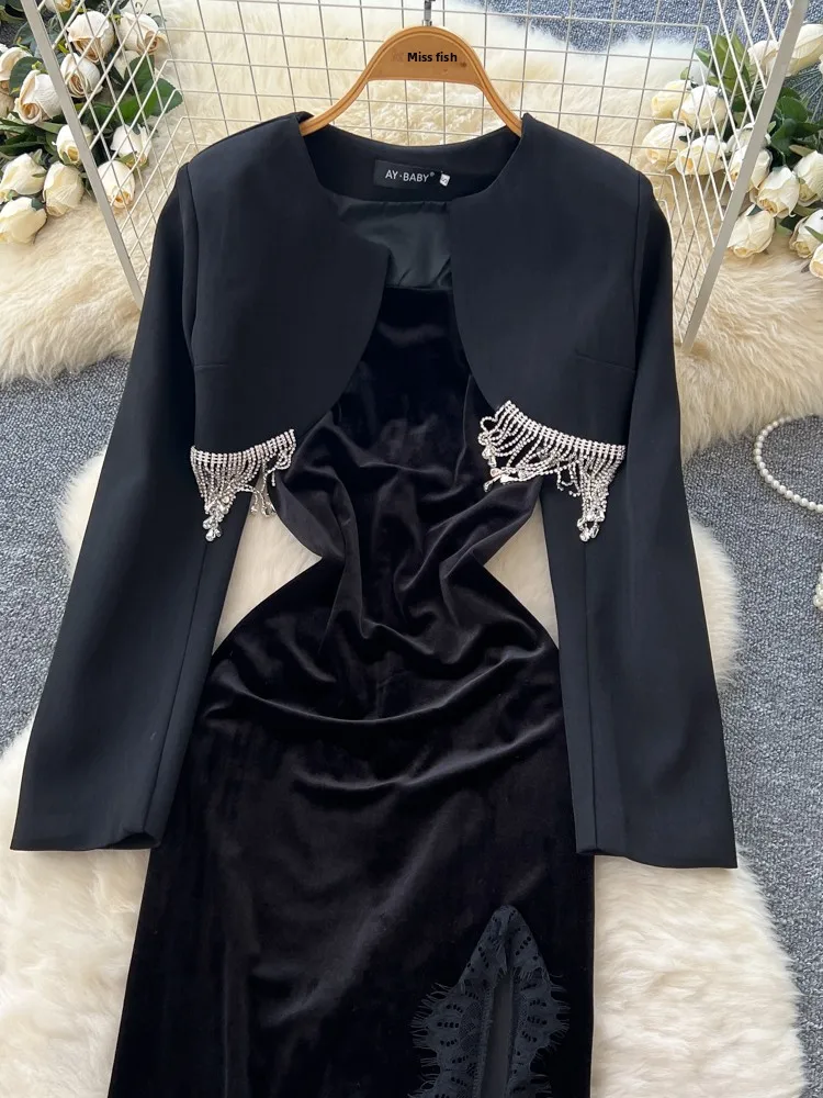 Ele Bla Velluto con finiture in pizzo Avvolgente Cintura in vita Dr con abito con nappa Jaet Set Faion da donna a vita alta Regular Sve Long