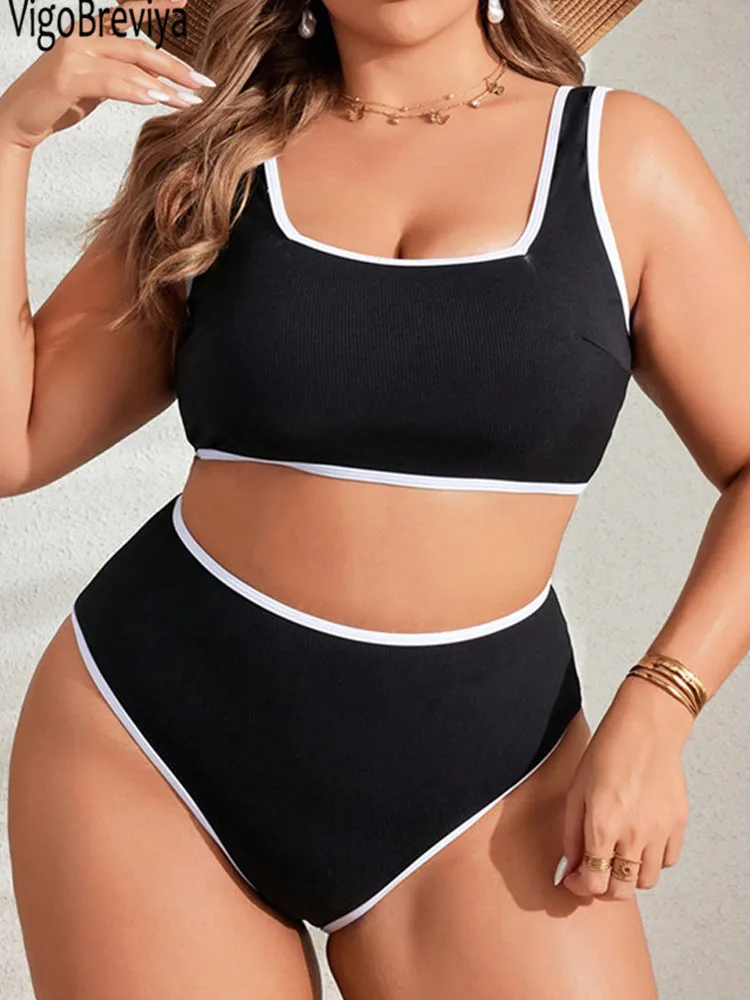 VigoBreviya 2024 Solidne paski 2-częściowe bikini Plus Size Kobiety Wysoka talia Curvy Strój kąpielowy Brazylijska plaża Lady Duży kostium kąpielowy